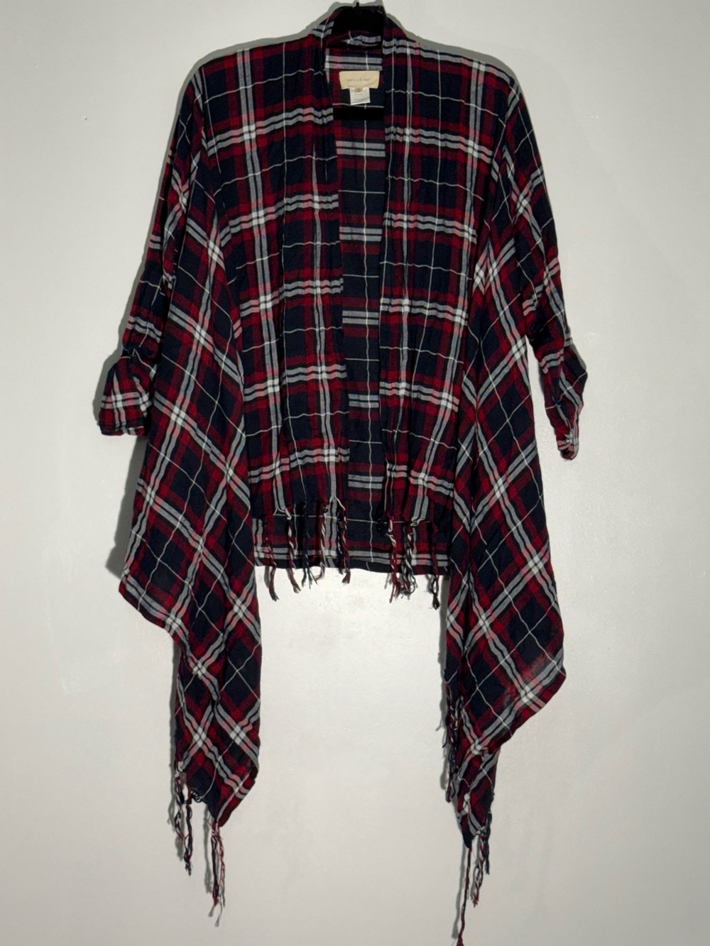 Mello Day Plaid Open Front Poncho Cardigan XS Red Navy Fringe Boho Draped